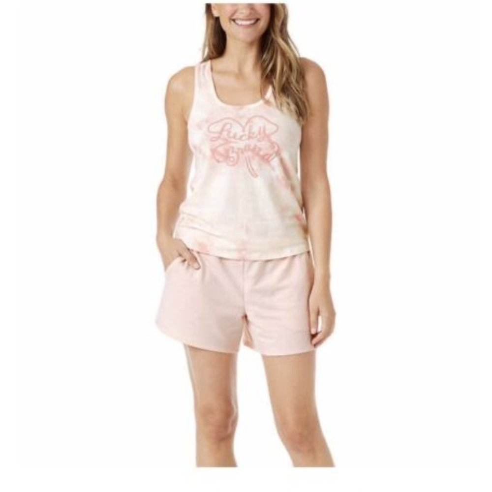 NWT Lucky Brand Womens 3 Piece Pink Cloud Pajama Set M Tee Tank Shorts $75 9A222